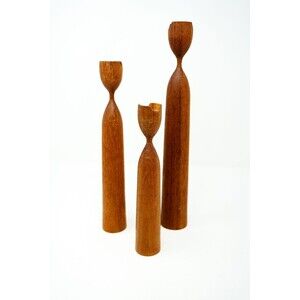 Set Of Three Vintage MCM Turned Teak Danish Modern Candlesticks Scandinavian
